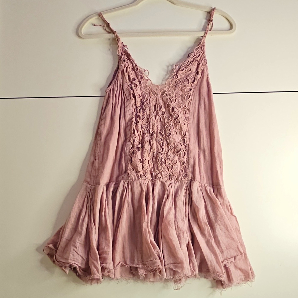 Free People FP One XS Dusty Rose Eyelet Cutwork Mini Dress Tunic Boho